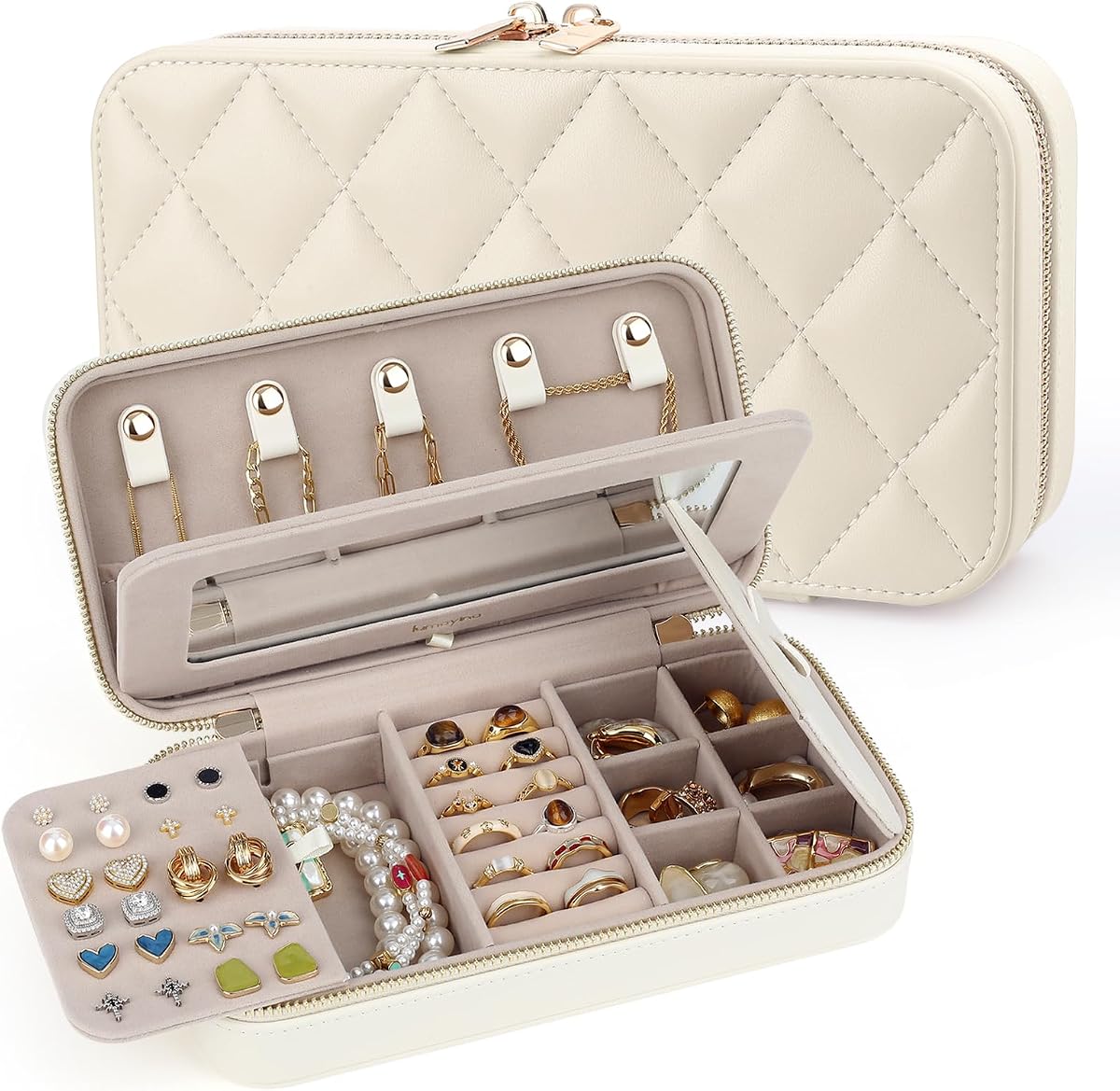 Soft-Touch Leather Travel Jewelry Case with Mirror, Jewelry Box | Premium Jewelry Organizer with Plush Lining, Twin Metal Zippers, Necklace Hooks, Earring Board, Ring Rolls & Bracelet Storage