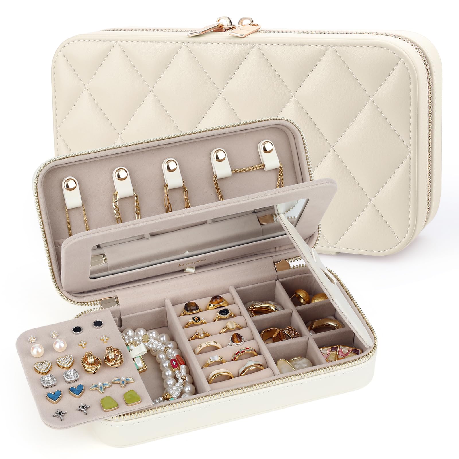 Travel Jewelry Case with Mirror Quilted Small Jewelry Box Organizer for Women Girls Portable Earring Necklace Bracelet Ring