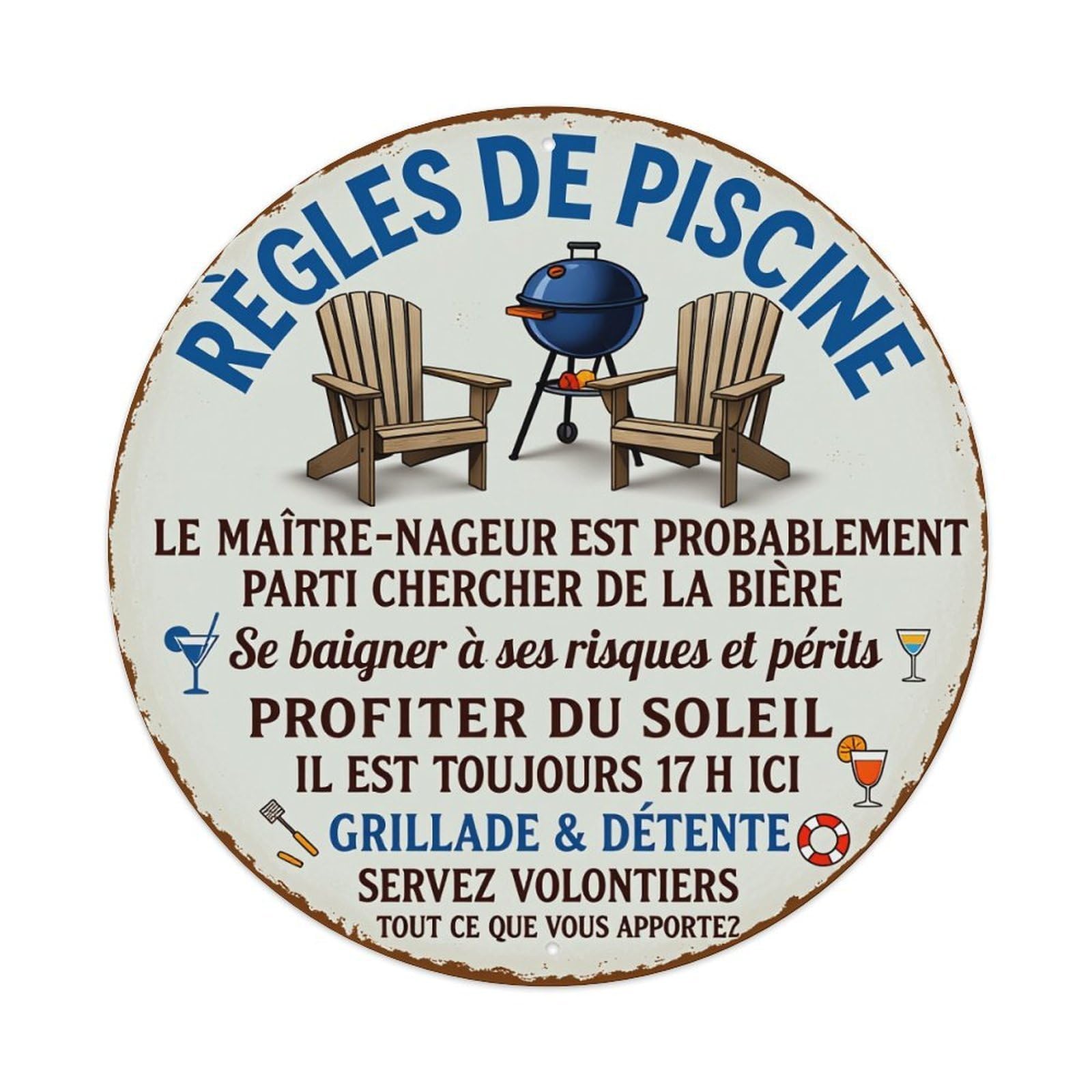 Piscine Rules Humor Relaxation Grill Round Tin Sign Vintage Style Metal Sign Home Bar Garden Wall Plaque Decor Metal Poster 8x8 Inch