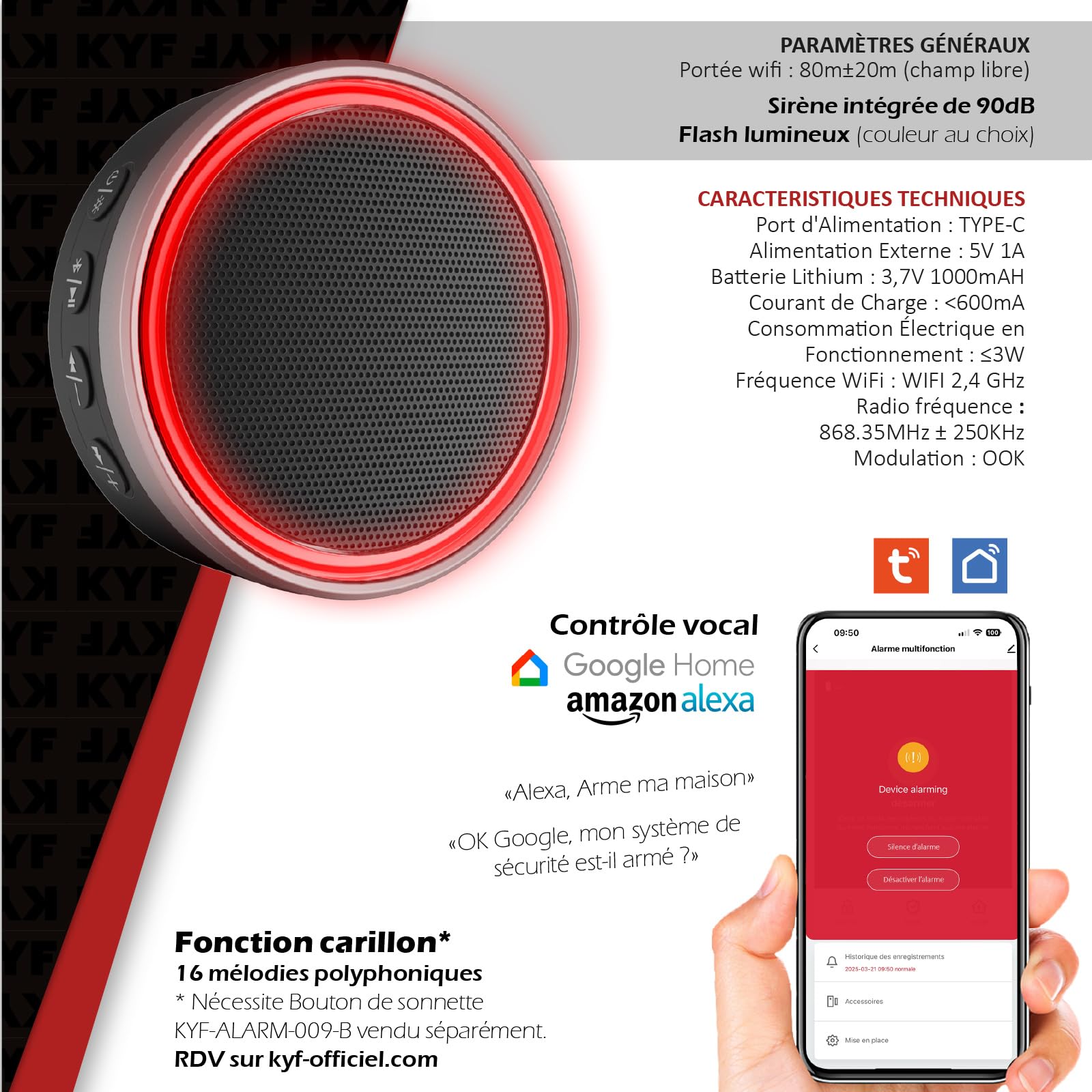 Kit Alarme Connecté WiFi 2,4GHz, Sirène 90dB, Détecteur Mouvement et Ouverture, Flash LED, 868MHz