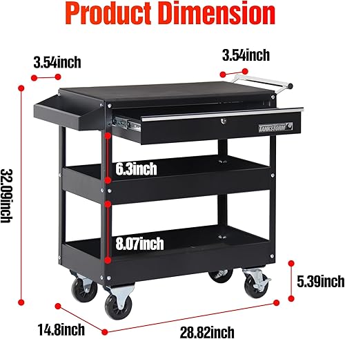Miniatura 2 de TANKSTORM Carro de herramientas de servicio con cajón de 3 neumáticos, carrito de servicio comercial industrial negro profesional (TQ312)