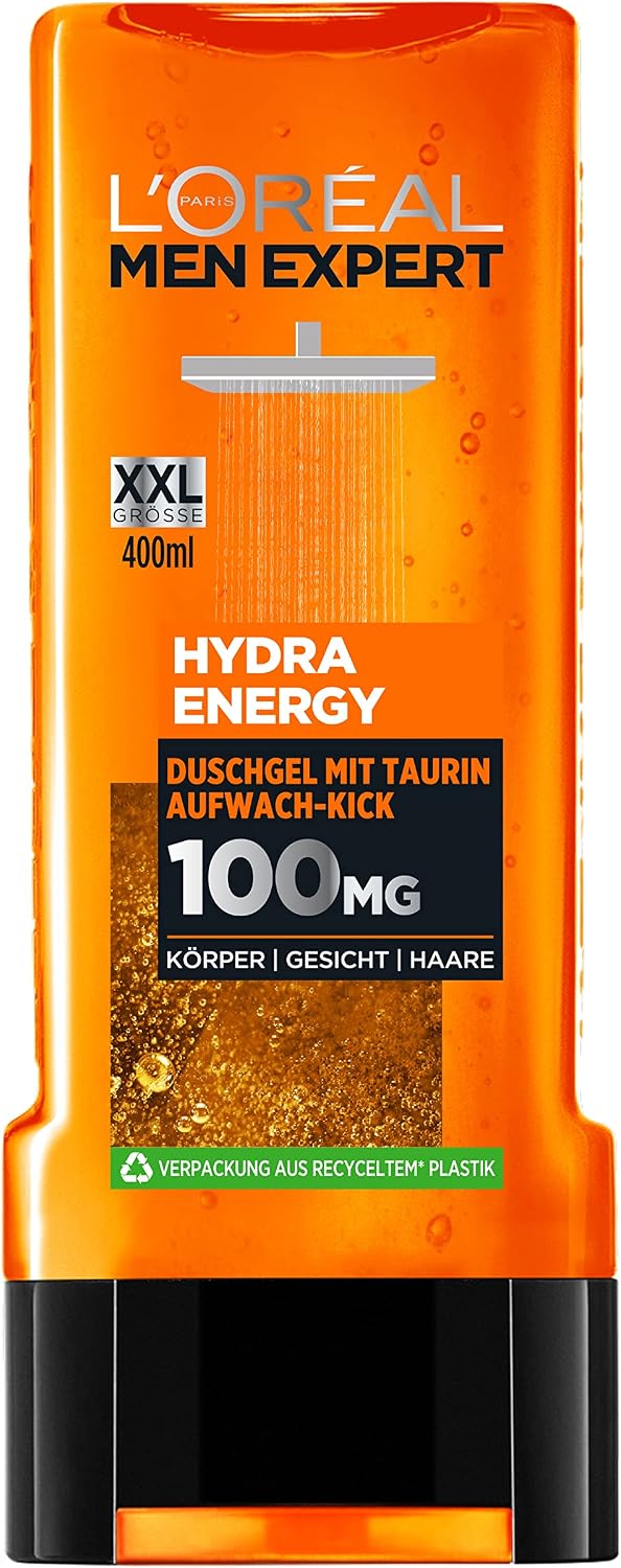 L’Oréal Paris Men Expert XXL Gel de Ducha y Champú para Hombres para Limpieza del Cuerpo, Cabello y Cara, Baño de Ducha Hombre con Taurina, Hydra Energy, 1 x 400 ml