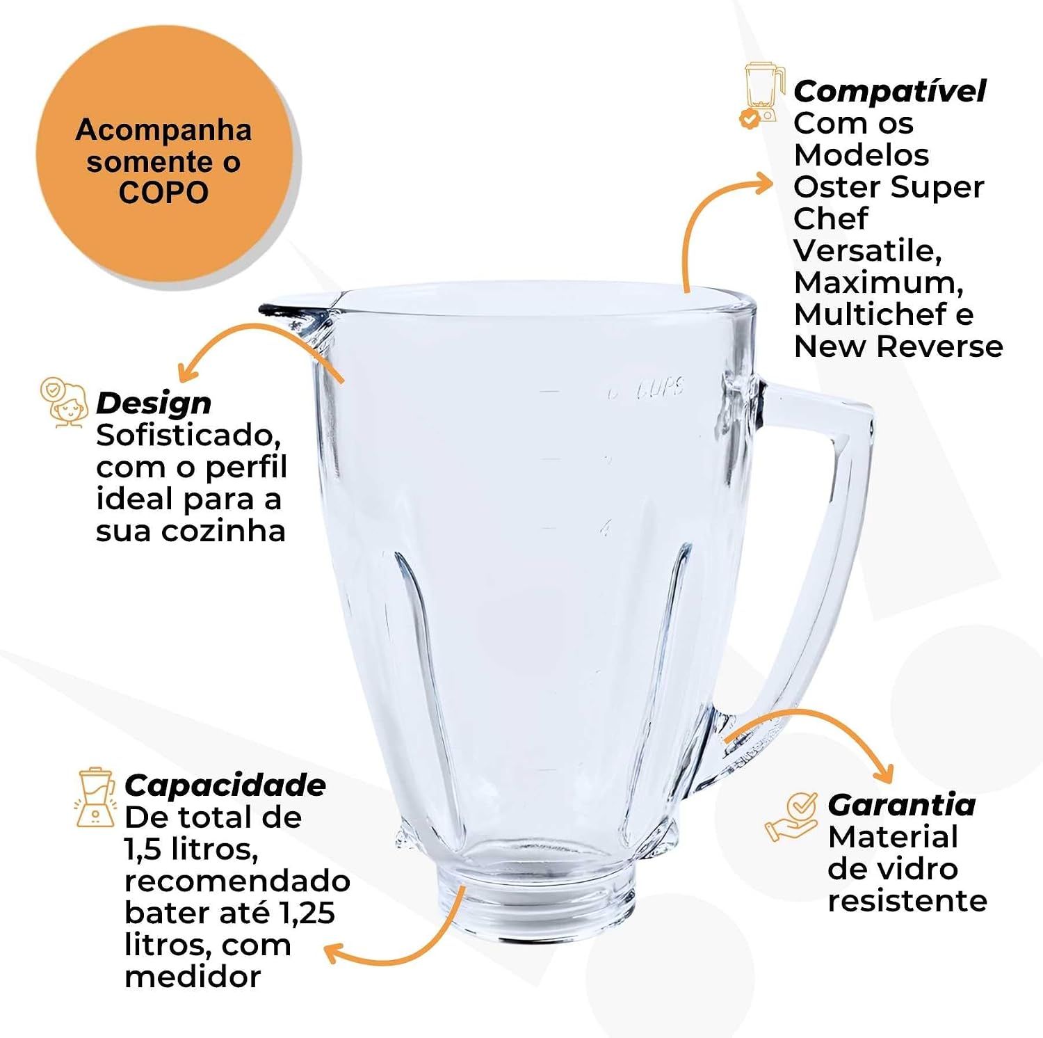 Copo de Vidro Avulso para Liquidificador Oster Super Chef Reverse Apenas Jarra Sem Tampa