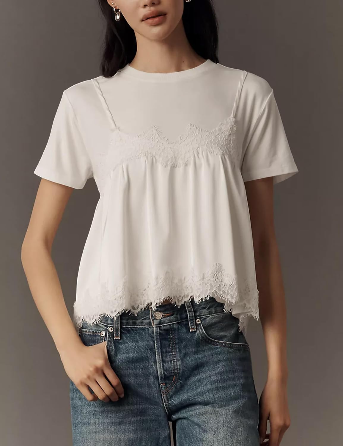 Lace Tops for Women Crew Neck Short Sleeve Blouse Ruffled Flowy Hem T-Shirts 2 in 1 Tank Blouse Summer T Shirts