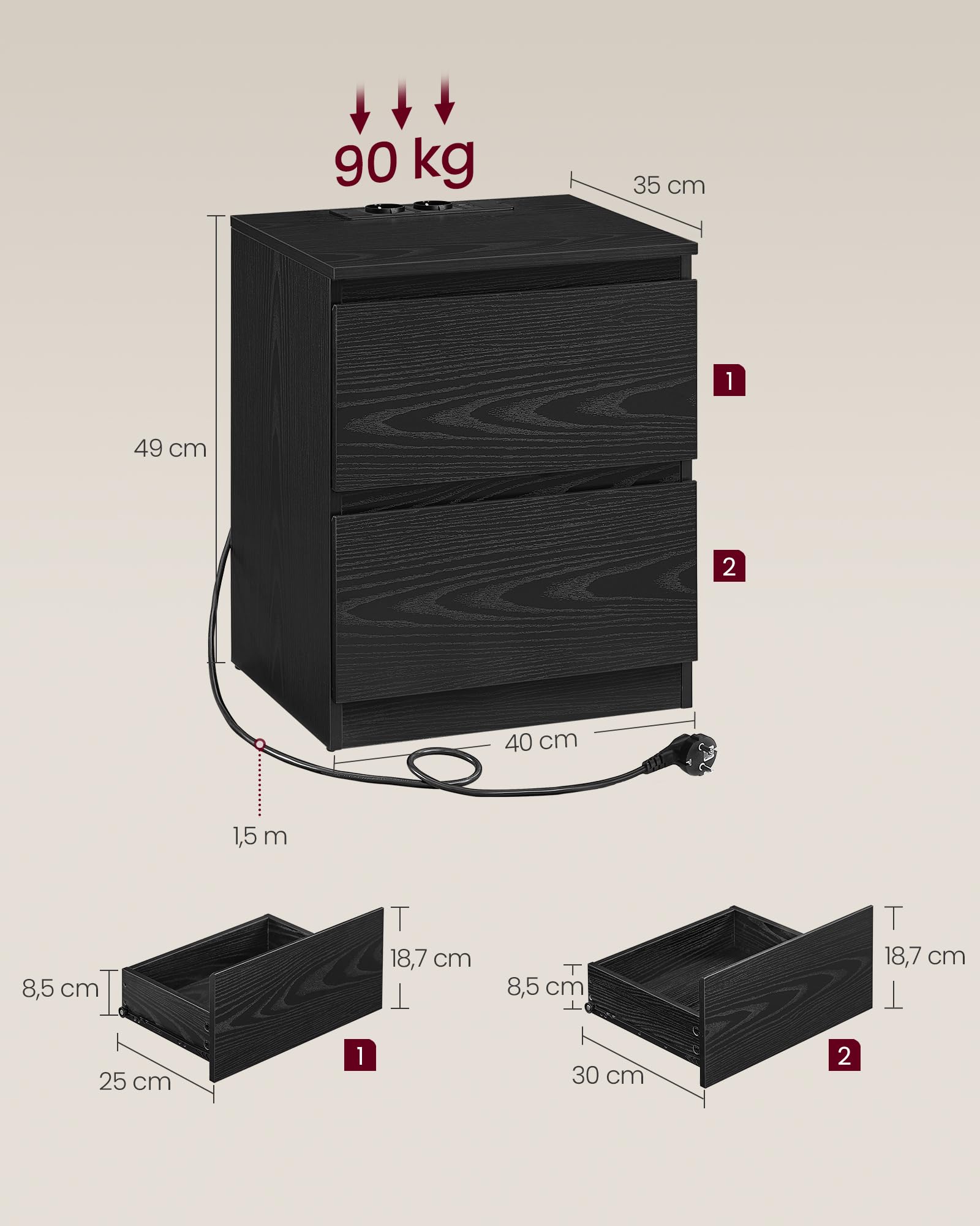 VASAGLE KAILYN Colección - Juego de 2, Mesita de Noche con Regleta de Enchufes, Mesa Auxiliar, 2 Cajones, 2 Tomas AC, 2 Puertos USB-A, Salón, Dormitorio, Negro Ébano LET821B02
