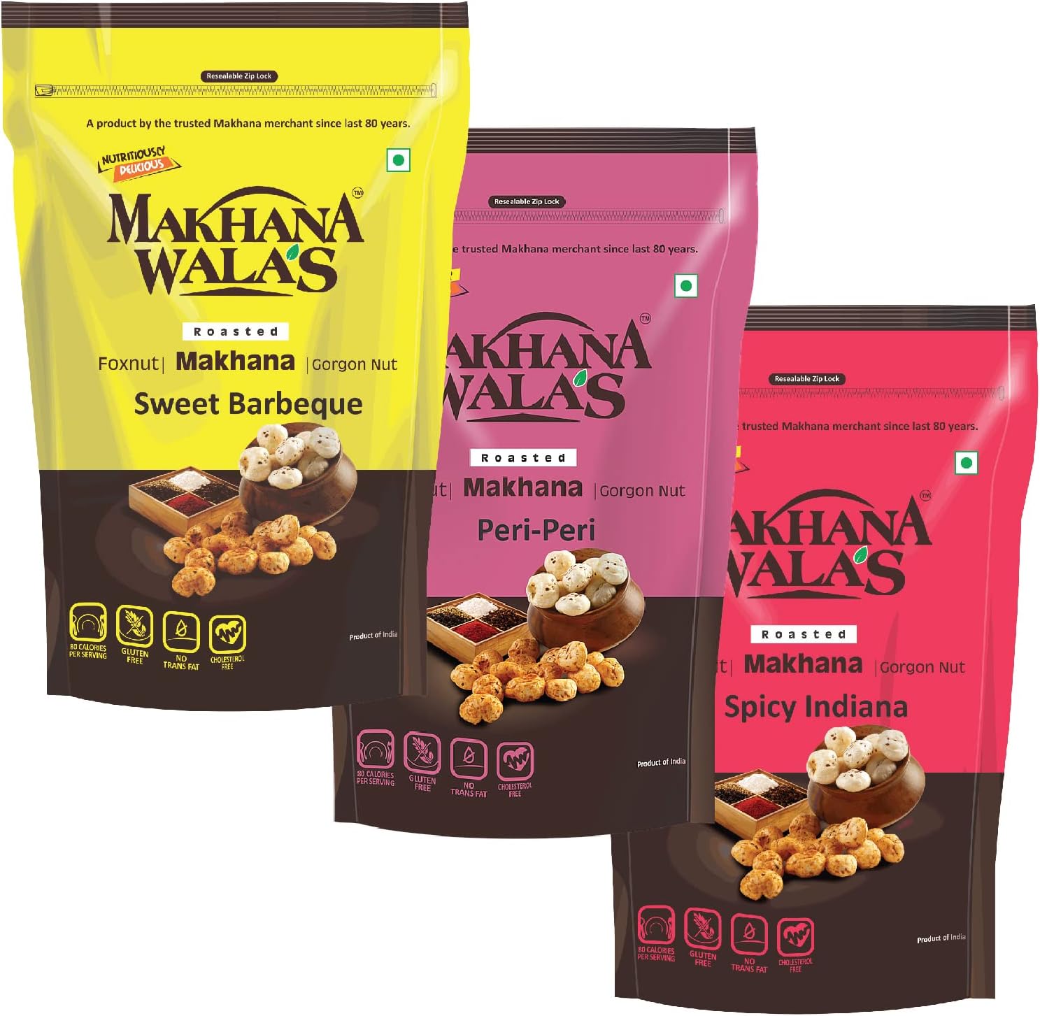Makhanawala's Roasted & Flavoured Makhana (Foxnuts) | Gorgon nut | Gluten Free Vegan Snacks |Combo of Sweet Barbeque+Peri Peri+Spicy Indiana Flavored makhana, Pack of 3, 55g Each.