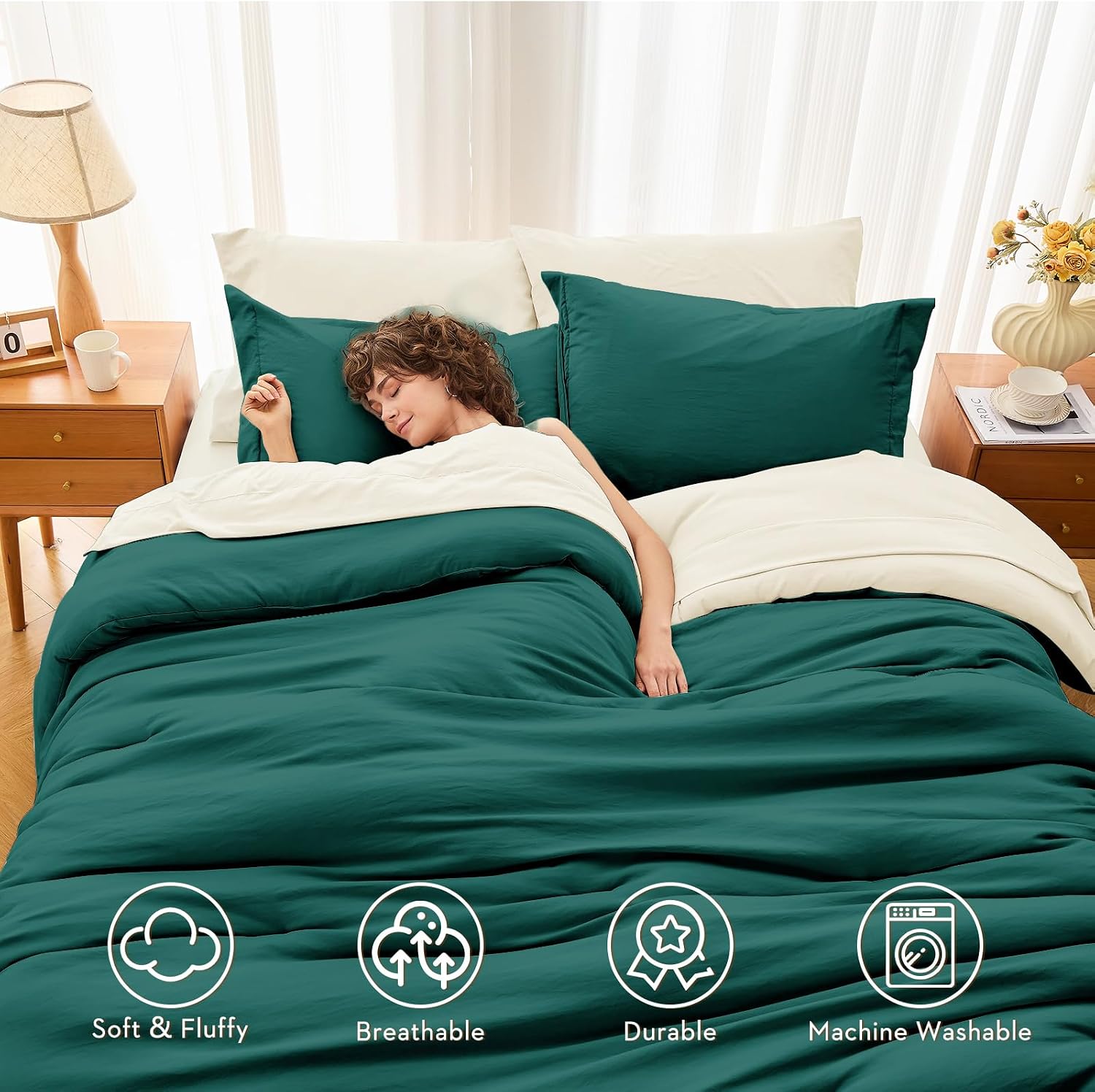 MUXHOMO 7 Pieces Queen Comforter Set, Soft Bed in a Bag Queen Size, All Season Bedding Set with Comforter, Flat Sheet, Fitted Sheet, Pillowcases & Shams, Peacock Blue & Ivory image 2