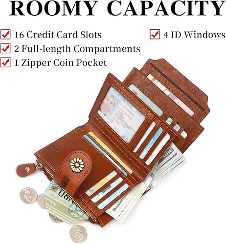 Miniatura 3 de Cartera de cuero con doble pliegue para mujer, bloqueo RFID, tarjetero compacto, cartera pequeña con ventana para identificación extraíble, A1-