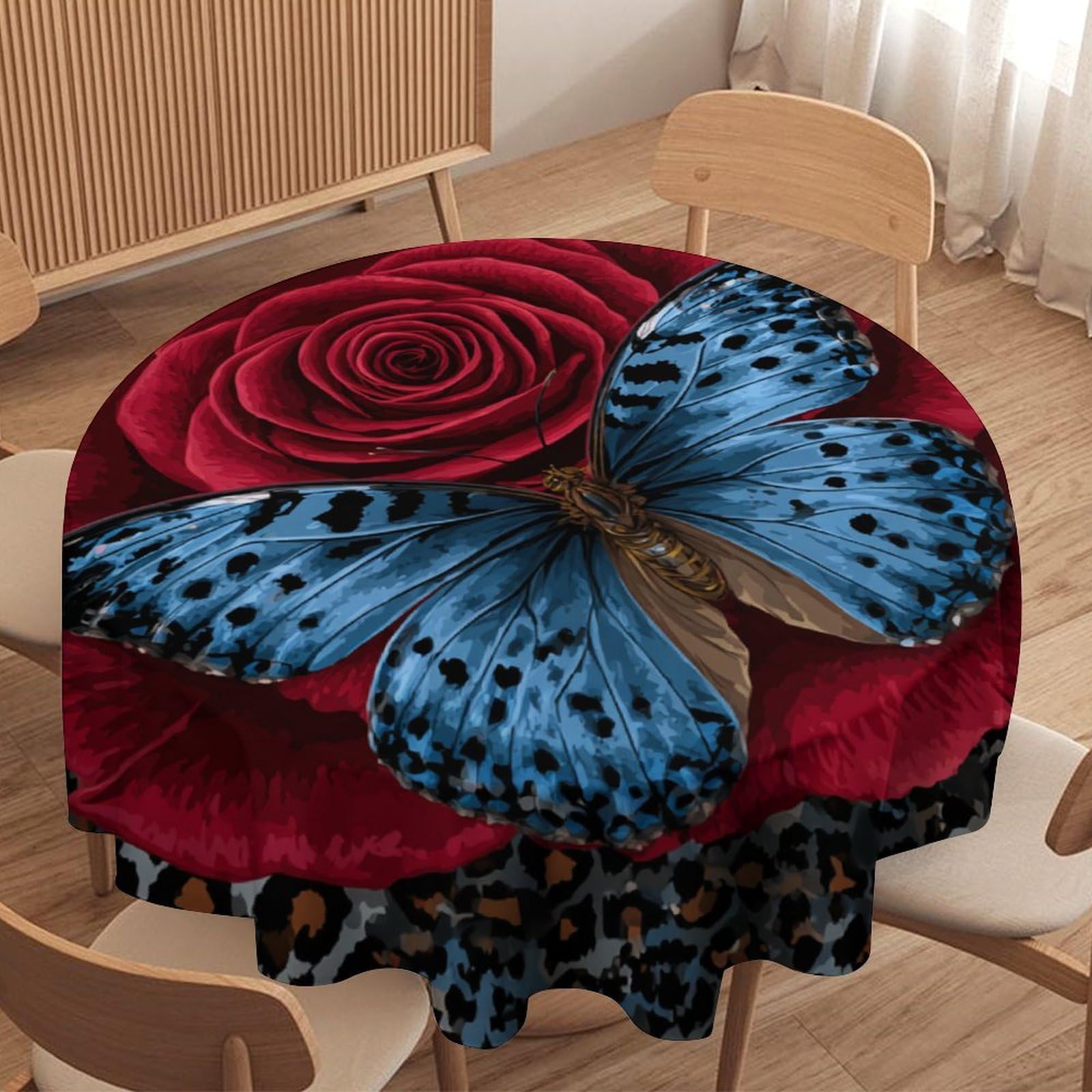 LUYYSKY Beautiful Romantic Animal Butterfly Waterproof Round Tablecloth Realistic Watercolor Plant Roses Flowers Leopard Print Washable Table Cover for Kitchen-91.4" Wx91.4 L cm