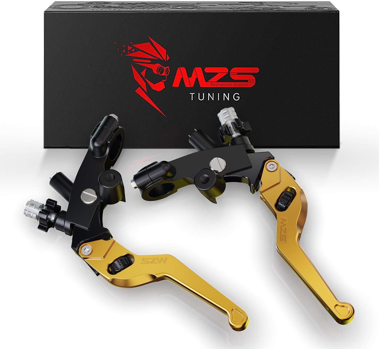 MZS Motorcycle Lever Set, 7/8 Brake Clutch Cable Lever Perch, Universal Short Wheel Adjustable CNC Gold Compatible with Motorbike Ebike Street Dirt Pit Mini Bike Scooter ATV