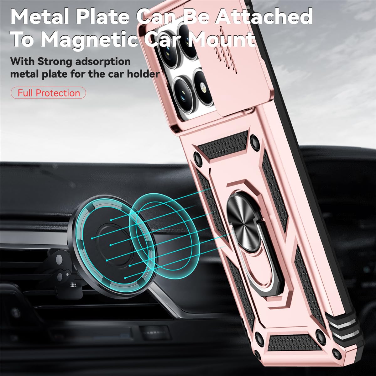 Handyhülle Für Xiaomi 14T Pro 5G Mit Metallring & Magnet – Stoßfest, Mit Objektivabdeckung & Dreh-Standfuß In Rot