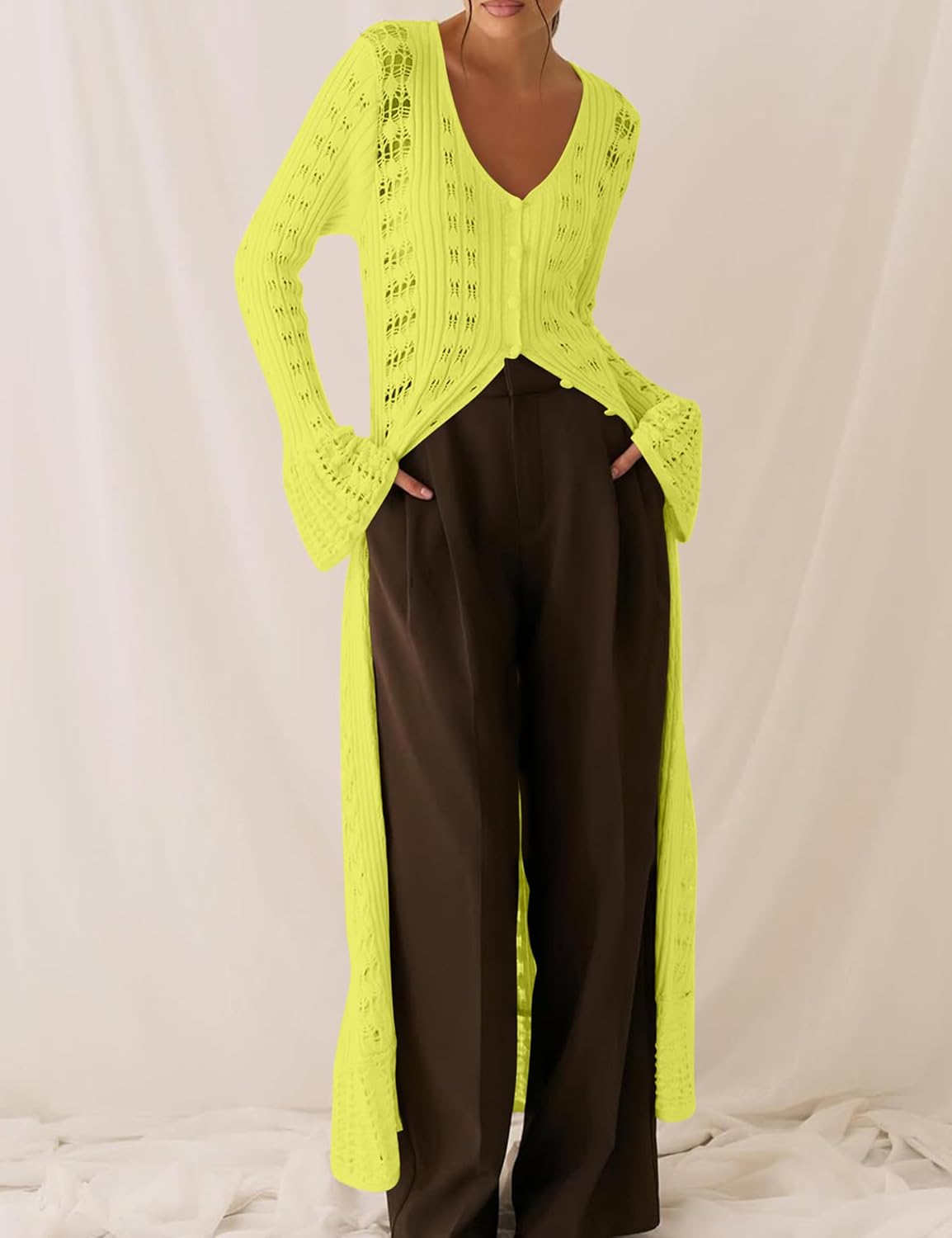 Cardigan Sweaters for Women Trendy Lightweight Crochet Long Duster Button Up Bell Long Sleeve Ruffle Knit Maxi Dress - Image 6