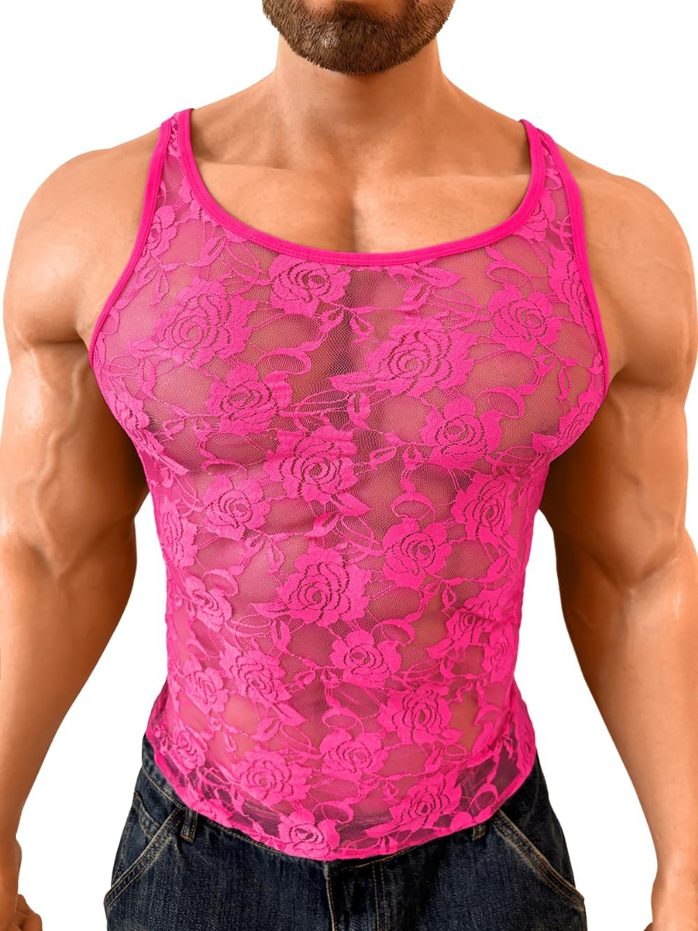 EHSUYAB Men Sexy Lace Tank Top, Sheer Mesh Shirt Sissy Clothes