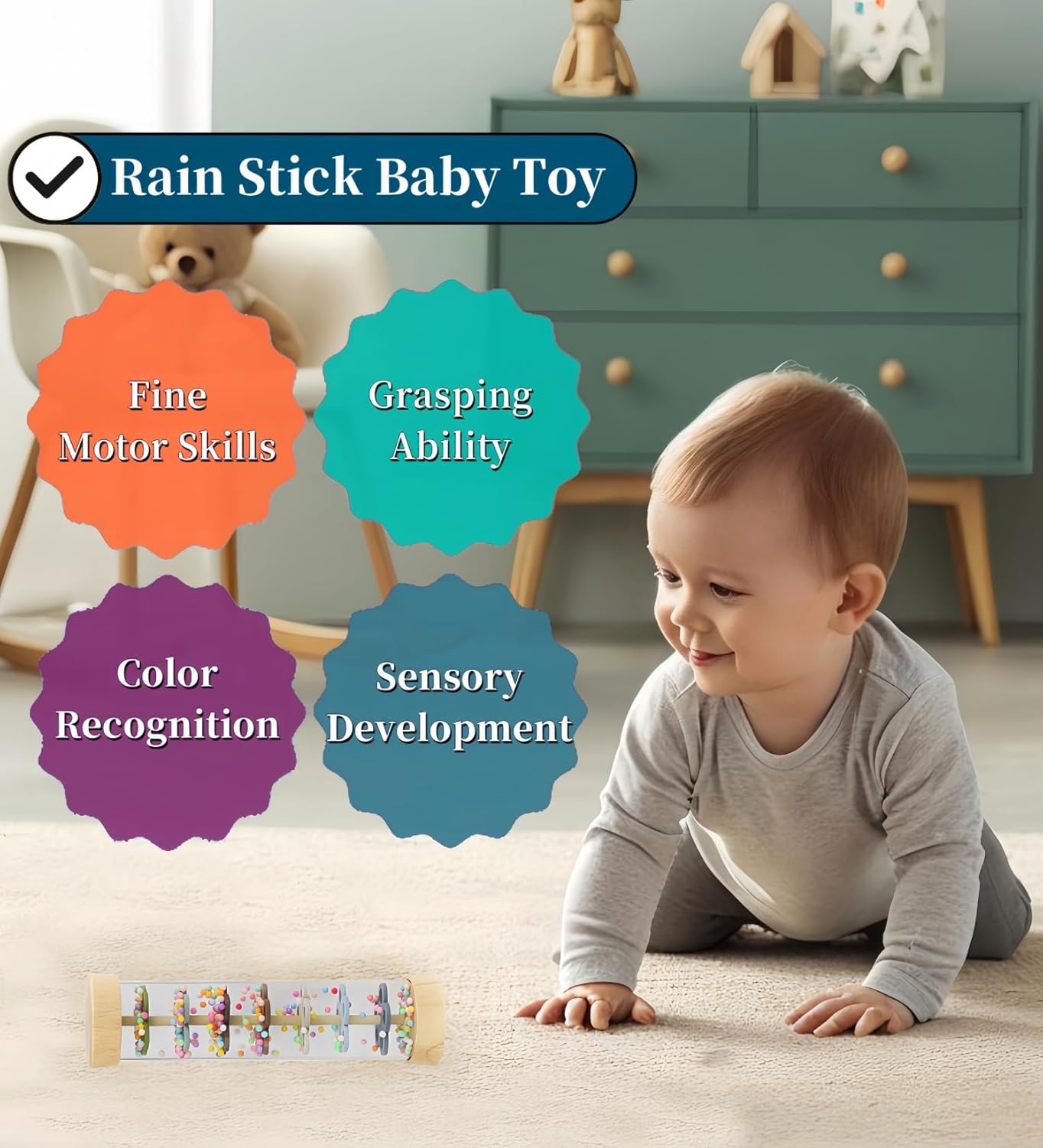 Oneshow Wooden Rain Stick Montessori Toys for Babies 36 Months, Rain Sticks for Kids, Baby Rattle Sensory Toy with Calming Rain Sounds, Toddler Educational Gifts for 3-Year-Olds - 6.8"