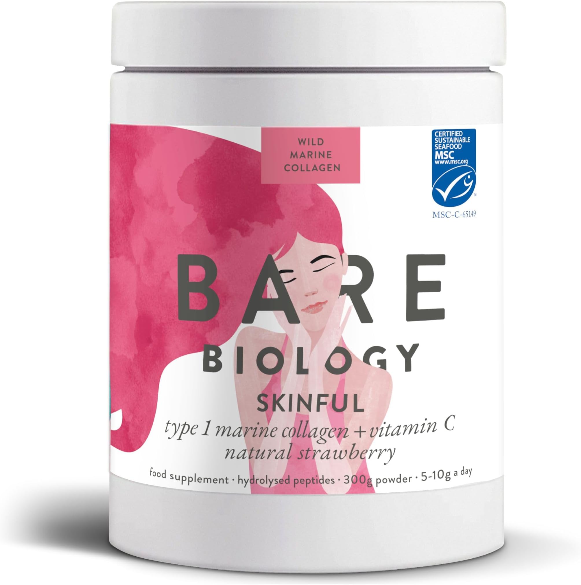 Bare Biology Collagen Powder + Vitamin C, 300g/60 Servings, Strawberry Flavour - Skinful Pure Marine Collagen for Skin, Muscles, Hair, Nails, Joints & Bones - Super Strength Type 1 Peptides