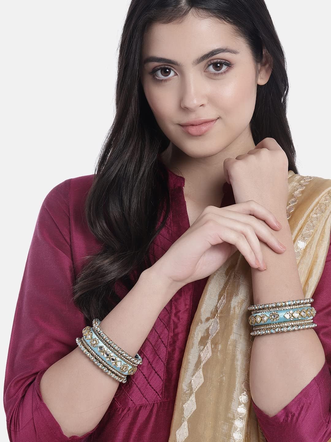 Aheli Blue White Silk Thread Fabric Stone Studded Kundan Chura Chuda Bangle Set Gift for Women Size 2.8"