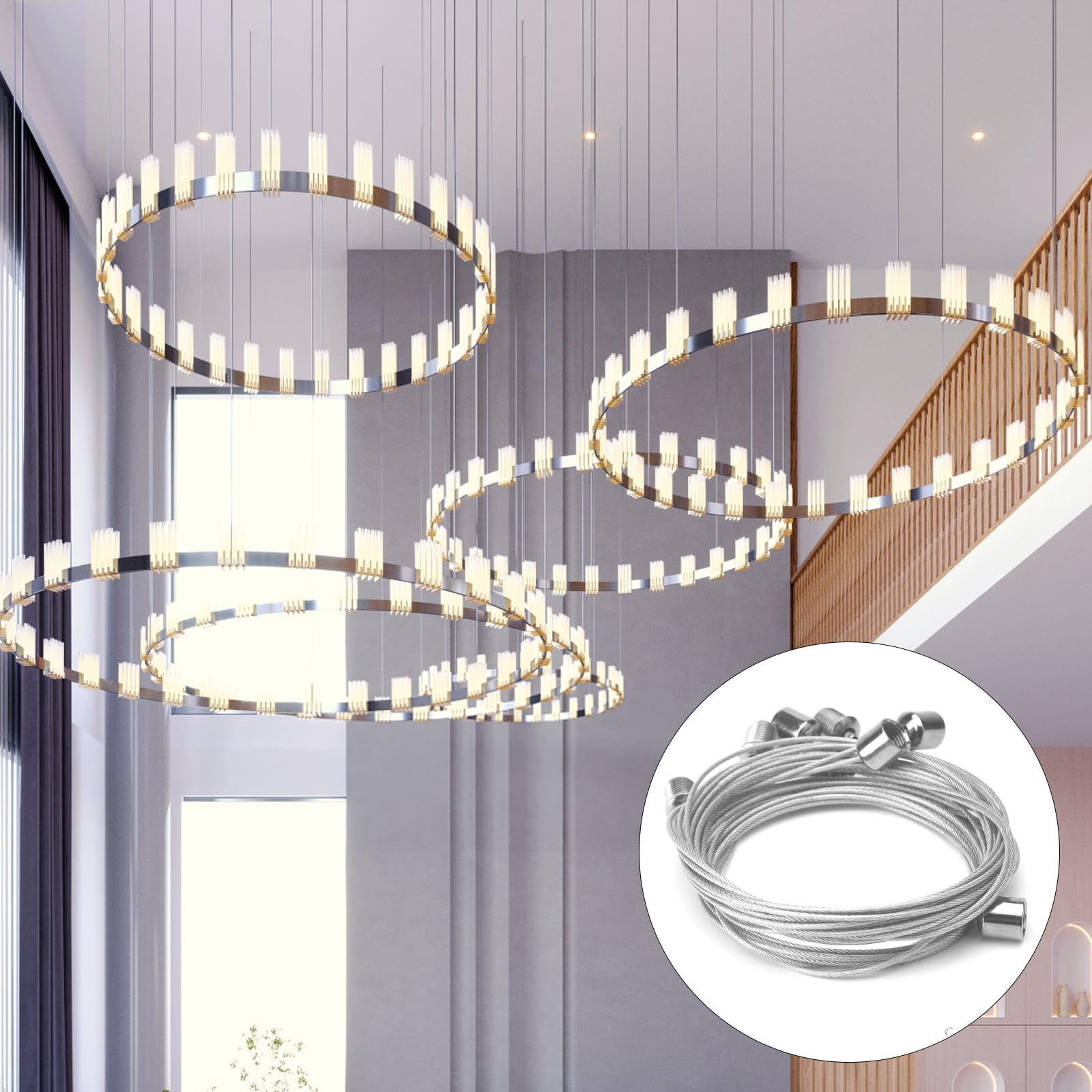 DIYCUT 4 Pièces Câble Suspension Ajustable 2m – Acier Inox 1,5 Mm Robuste, Idéal Pour Lampes LED, Panneaux, Plafonniers, Cadres Photo Et Décoration