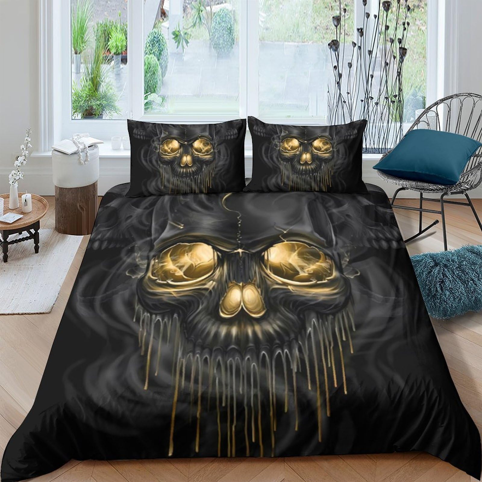 Ctjqhvkz Style-3 3D Printed Golden Skull Fitted Sheet Microfiber Soft Breathable Gothic Bed Cover For Bedroom Dorm Mattress Protection Decor Single（135X200cm）