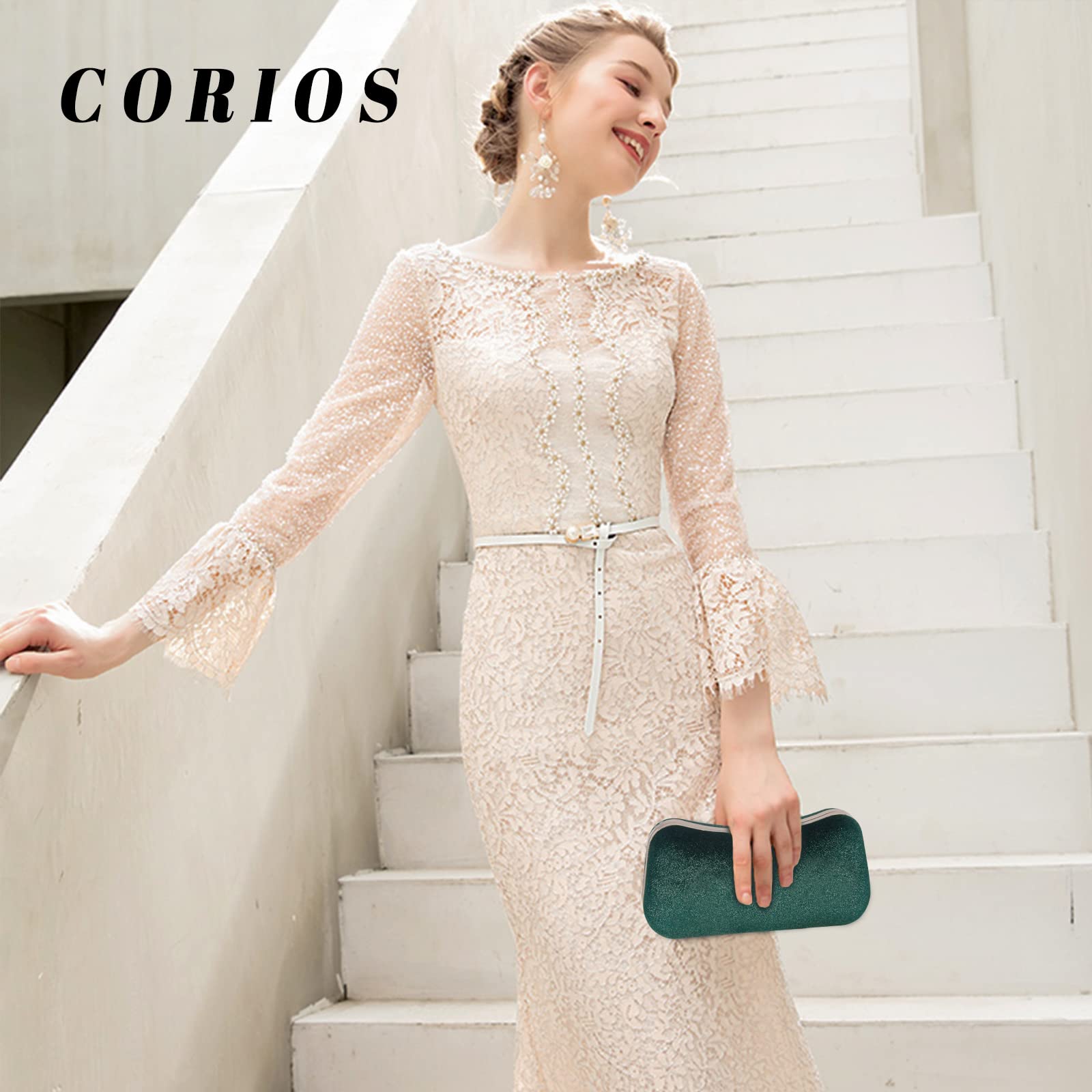 CORIOS Pochette Clutch Donna Borsetta da Sera con Catena - Elegante Borsa a Spalla/Tracolla per Sposa, Cocktail, Festa, Ballo, Cerimonia - Verde
