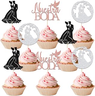 24PCS Spanish Bienvenidos A Nuestra Boda Cupcake Toppers for Bridal Shower Wedding Anniversary Party Decorations Supplies