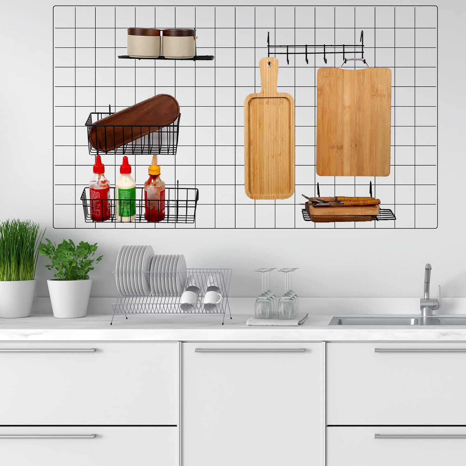 Fumete 9 Pcs Wall Grid Hanging Basket Shelf Hooks Set Includes 3 Basket 3 Wire Straight Shelf and 3 Hooks for Storage Display Organizer Grid Wall Accessories(Black)