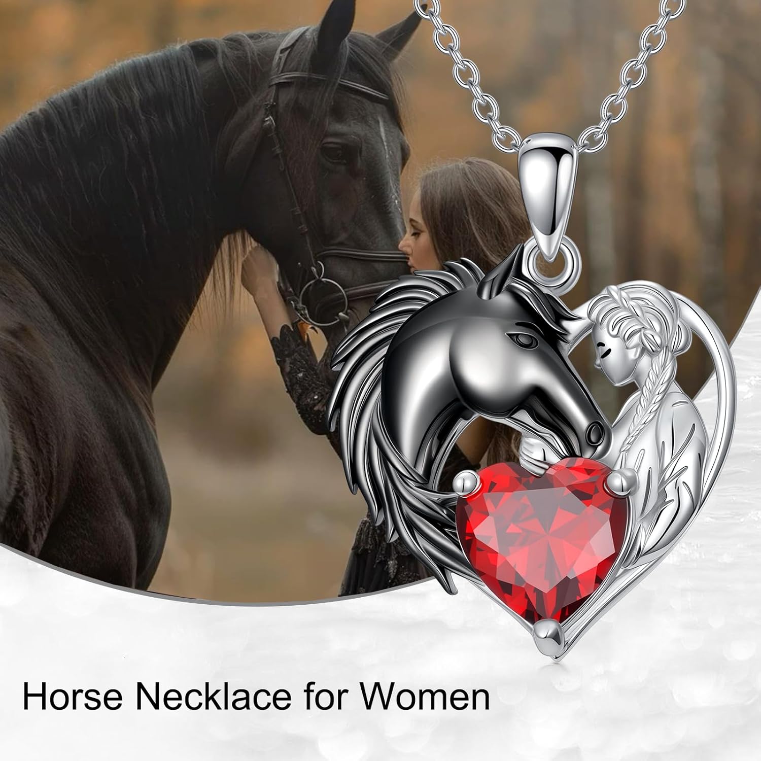 LONAGO Horse and Women Necklace with Synthetic Birthstone Black Horse Heart Pendant Necklace Jewelry Gift for Women - Image 5