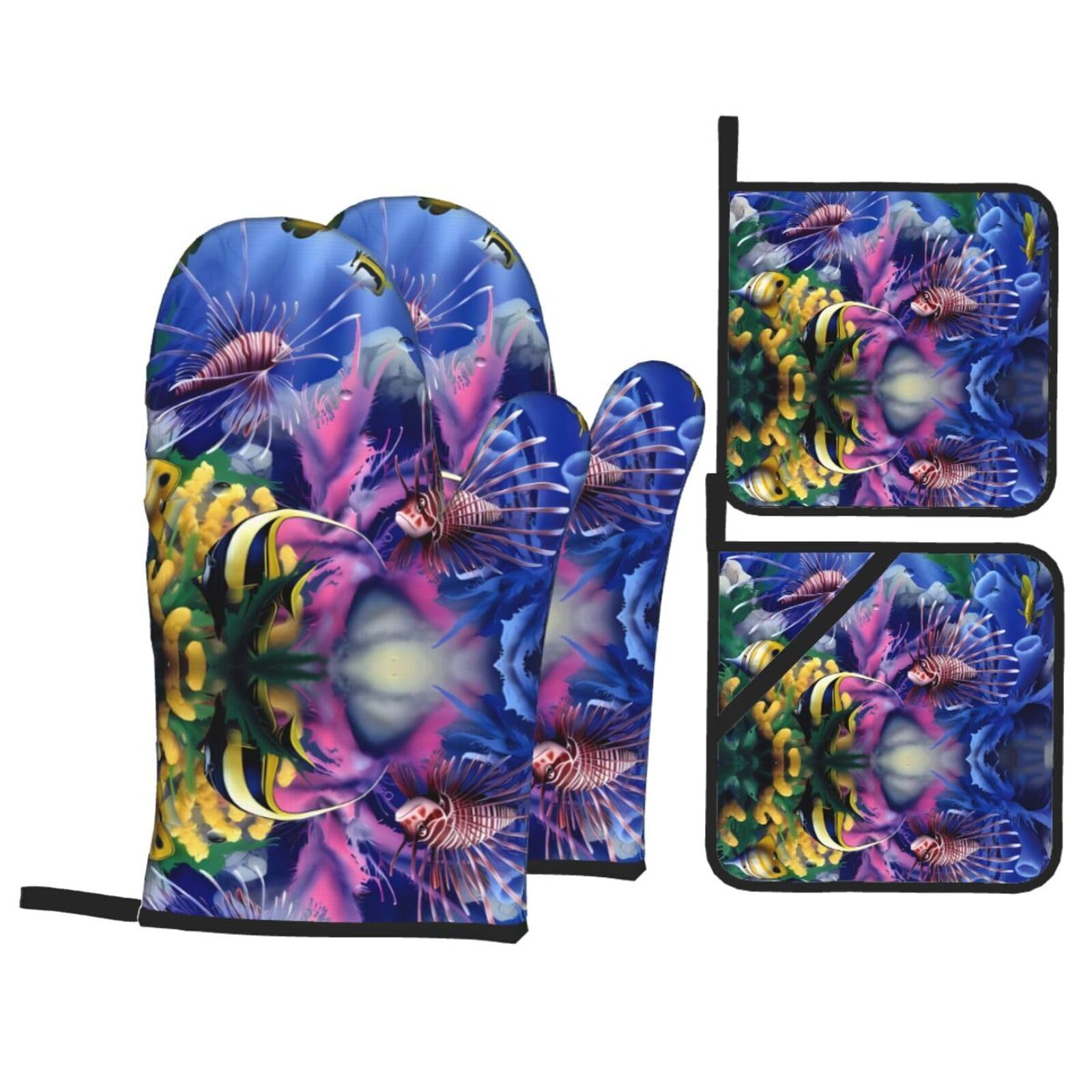 WHJSSF Colorful Tropical Sea Fish Prints 4-Piece Waterproof Oven Throws & Heat Resistant Pot Covers – Durable Kitchen Layers for Grilling & Baking