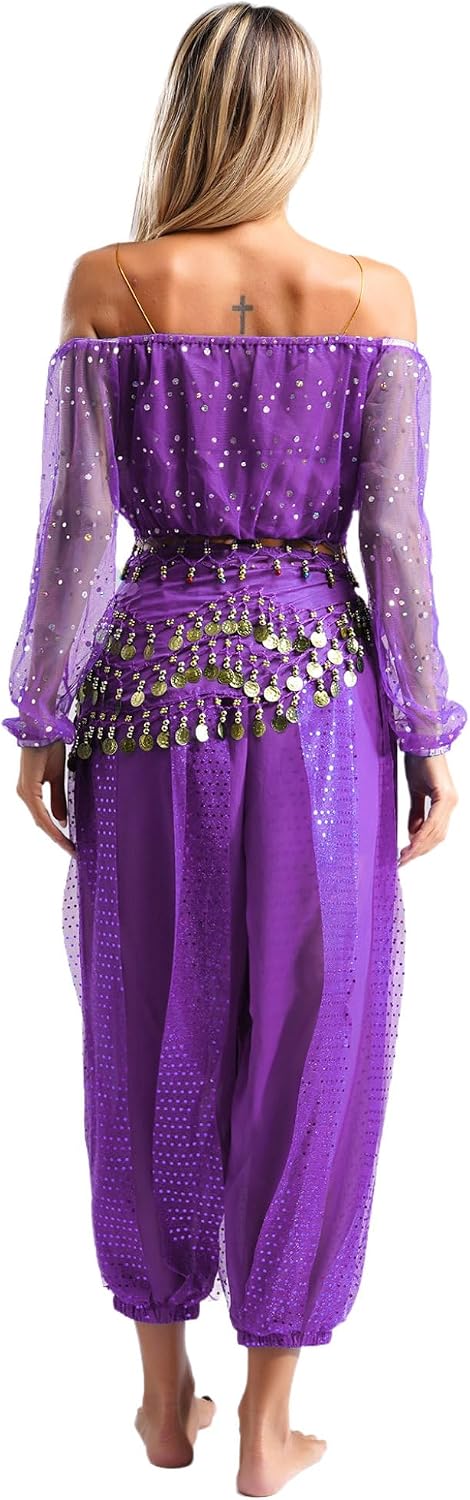 Lejafay Women's Belly Dance Harem Pants Hip Scarf Tassel Trouser Arabic Performance Loose Pants