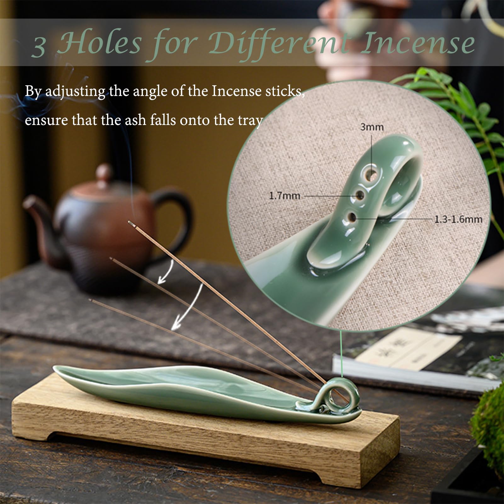 9" Length Incense Stick Holder with 3 Holes, Ceramic Incense Ash Cather for Counters Meditation Room, Yoga, Home, Office (Green) - Image 2