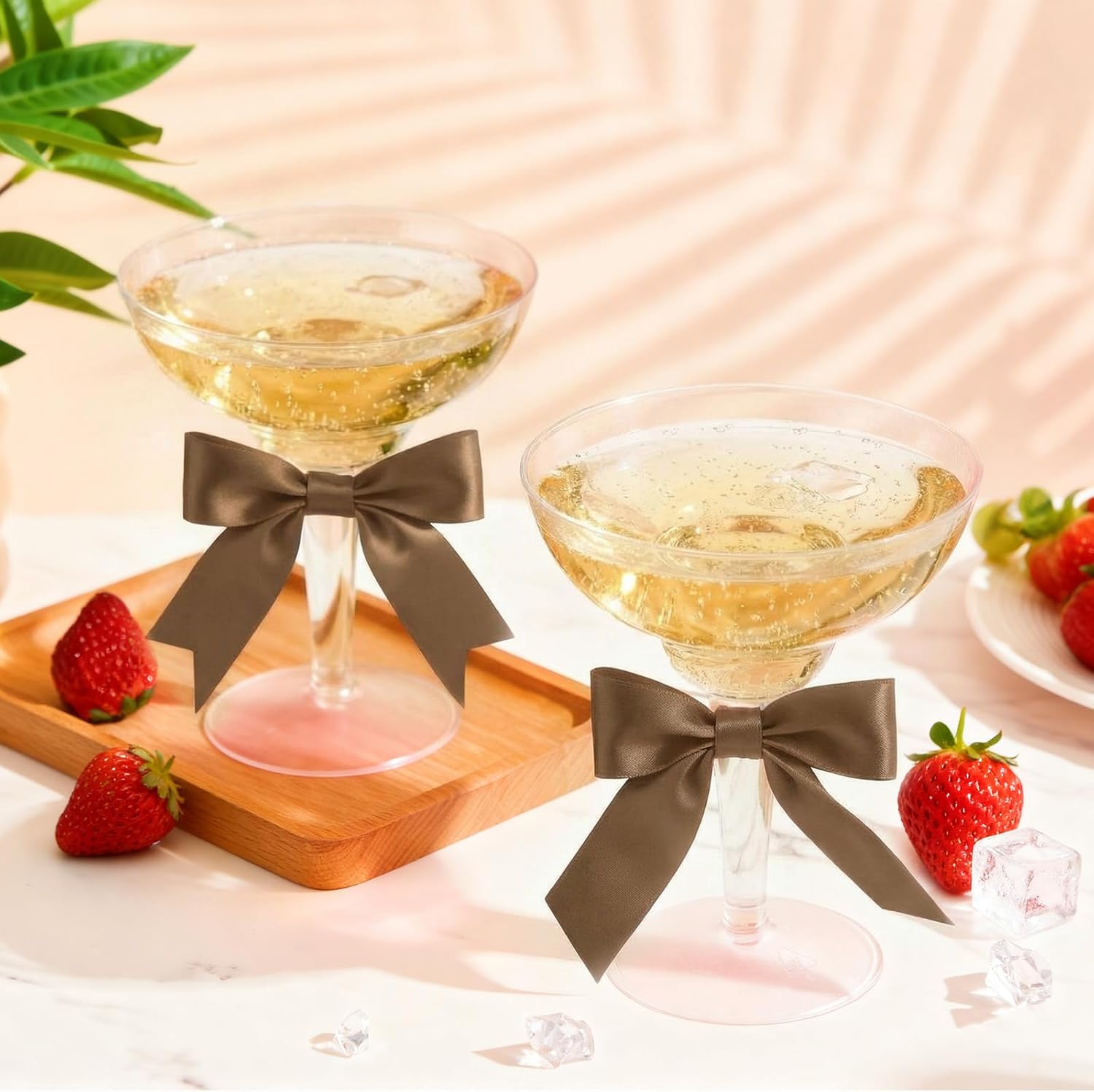 LemonRoad 24 Sets Clear Plastic Martini Glasses with Brown Bows, 12oz Disposable Plastic Margarita Cocktail Cups for Wine, Martini, Champagne Birthday Party Supplies