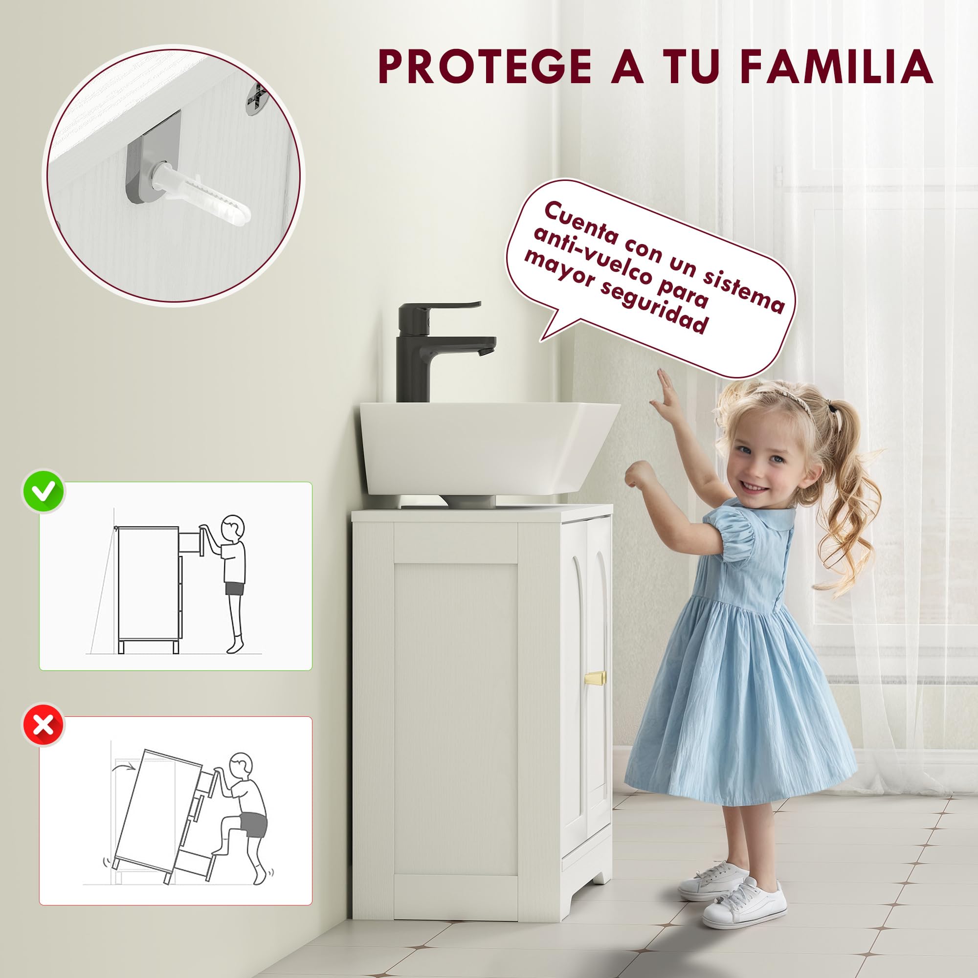 HOMCOM Mueble bajo Lavabo Mueble de Baño con 2 Puertas con Diseño de Arco Estante Ajustable Tiradores Dorados para Lavabo con o sin Pedestal 60x30x65 cm Blanco
