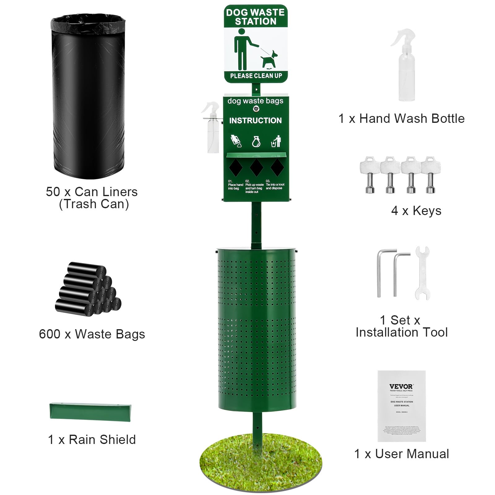 VEVOR Station Collecte Déjections Canines, Bouteille Lave-mains, Capacité Poubelle 43 L, 50 Sacs de Doublure, Distributeur de Sacs, 600 Sacs à Déchets, Élimination Crottes Canine Extérieur pour Parc