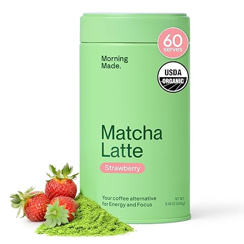 Morning Made Polvo de matcha de grado ceremonial con sabor a fresa, lata resellable de 8.46 onzas, 60 porciones de té verde japonés de alta calidad,