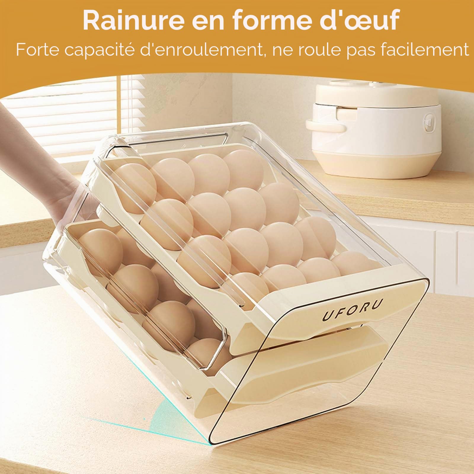 Plateau à Œufs pour Réfrigérateur, 32 Grilles/2 Couches Porte-œufs pour Réfrigérateur, Tiroir à Œufs pour Frigo, Boîte de Rangement pour Œufs Frais,Transparent, Crème