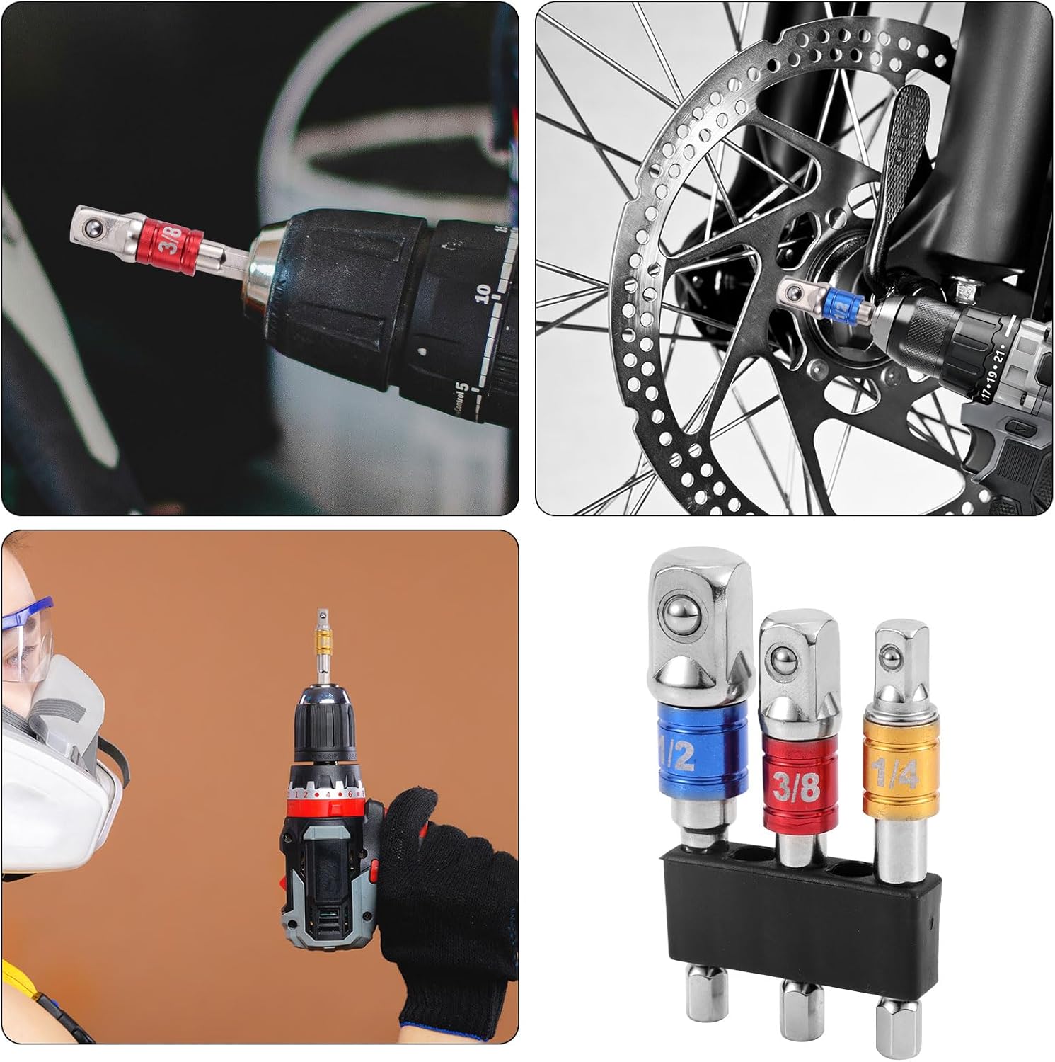 3pcs Impact Grade Socket Adapter Set, 1/2" 3/8" 1/4" Impact Driver Socket Adapter Hex Shank Drill Bit Adapters for Cordless Drill Screwdriver Power Drills