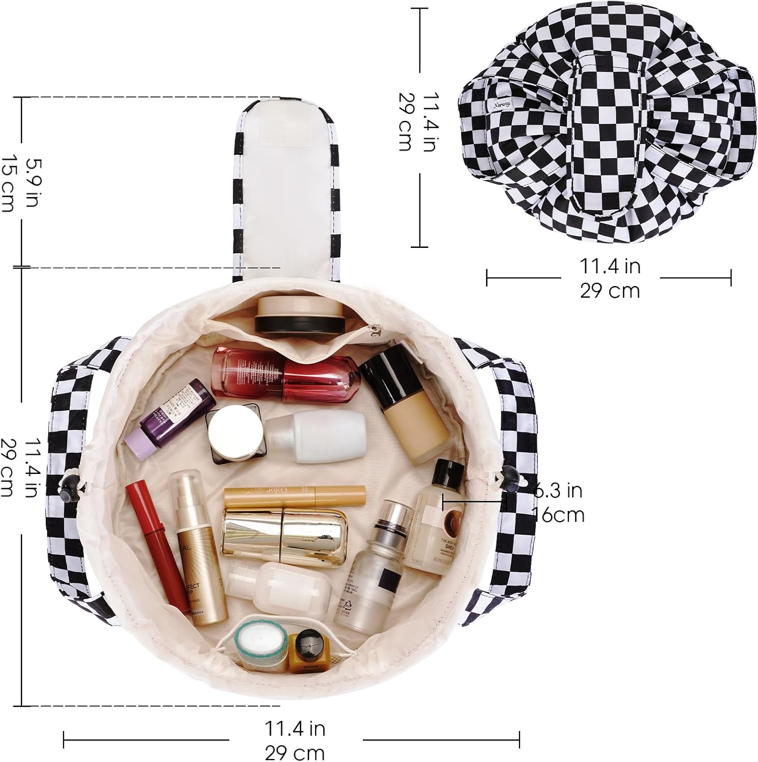 Narwey Barrel Drawstring Checkered Makeup Bag Large Cosmetic Bag Make up Bags Toiletry Bag Travel Bags for Toiletries Organizer for Women Gift for Teen Girls (Black Checkerboard) (Patent) - Image 6