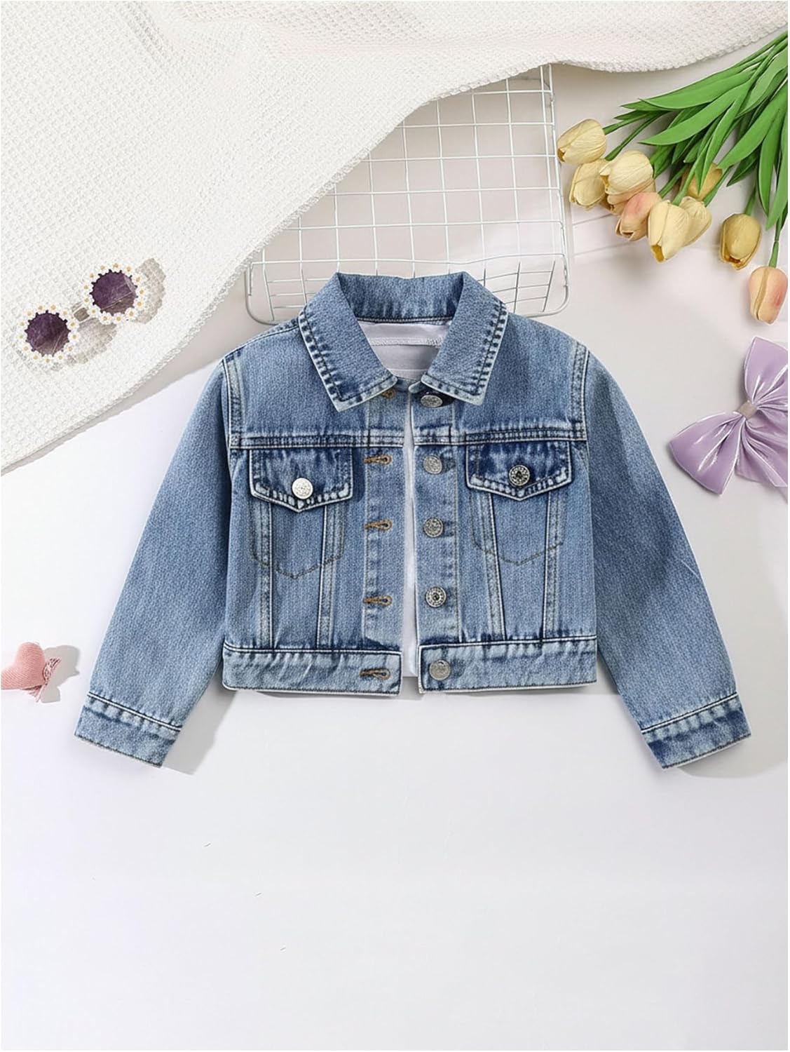 WDIRARA Girl's Bow Denim Jacket Long Sleeve Button Down Jean Jacket Cute Outerwear - Image 3