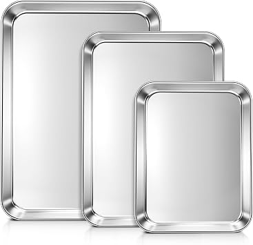LIANYU Baking Sheet Pans Set of 3, Stainless Steel Cookie Sheets for Baking, 17.5/16/12.4 Inch, Half/Quarter/Jelly Roll Pans for Oven, Mirror Finish Metal Tray, Heavy Duty & Rust Resistant