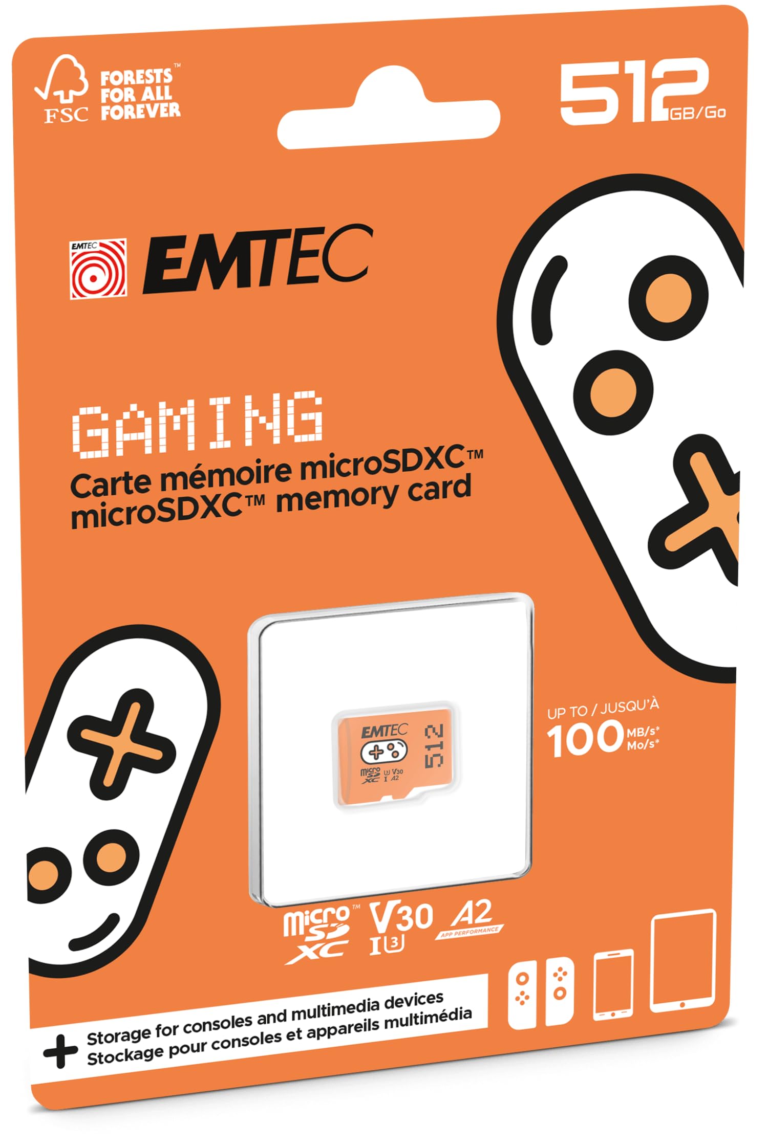 EMTEC - Gaming - ECMSDM512GXCU3G - Tarjeta MicroSD de 512 GB - Velocidad de Escritura 95 MB/s - Velocidad de Lectura 100 MB/s - Naranja