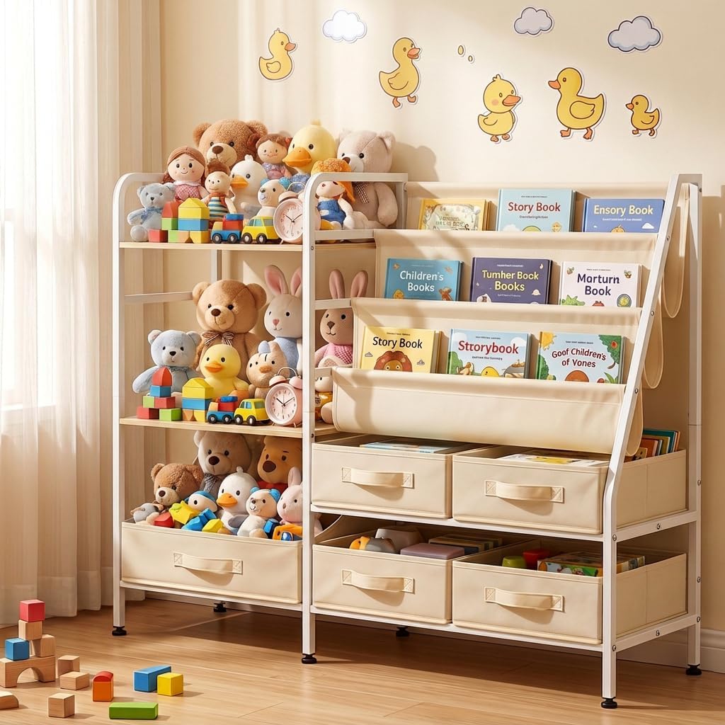 Kids Bookshelf and Toy Storage Organizer, 2-in-1 Montessori Bookshelf