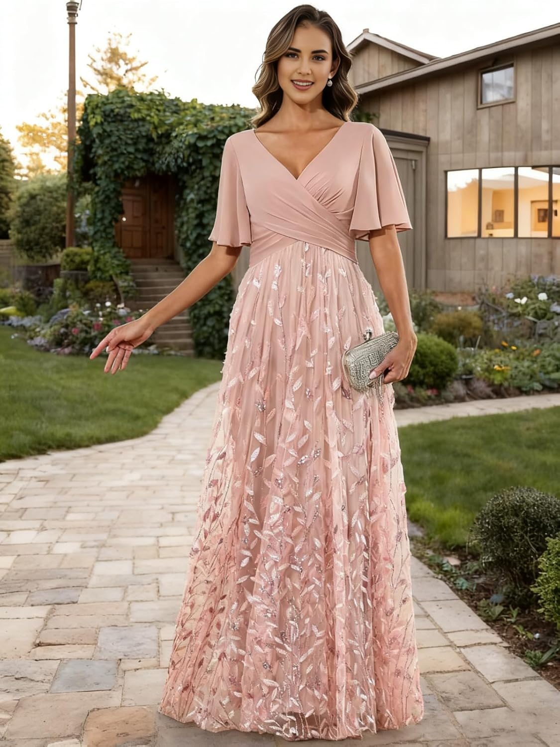 Women's Chiffon V-Neck Maxi Dress with Leaf Sequin & Flutter Sleeves - Elegant Wedding Guest & Evening Gown