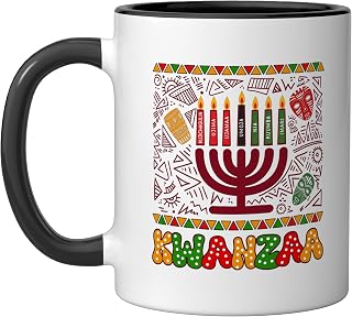 Happy Kwanzaa African American Culture 7 Seven Candles Ceramic Mug, Black/White