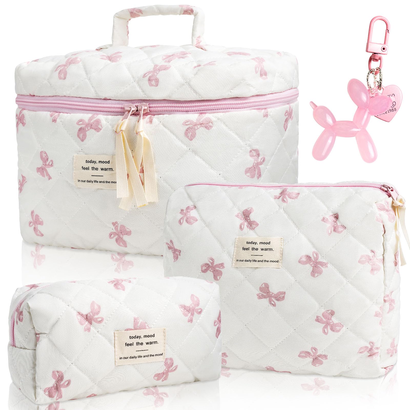 Quilted Makeup Bag Set, 3 PCS Pink Bow Makeup Bag for Women and Girls, Large Cotton Cosmetic Bag Pink Flower Travel Toiletry Bag