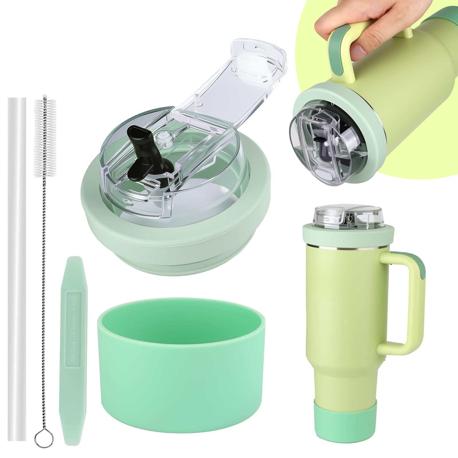 Wututir Cup Lid Replacement for Stanley Tumbler 40 Oz,Flip Straw Lid with Double Drinking Mouth, Cleaning Brush and Cup Boot 、Leakproof & Dustproof