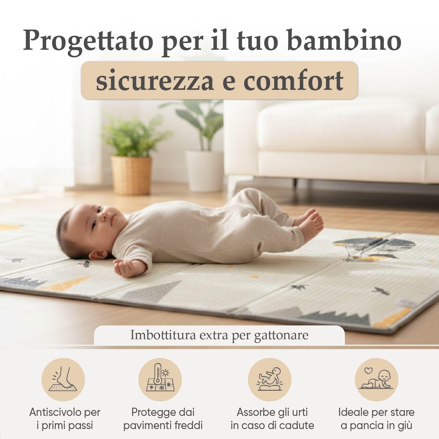 Tappeto Gioco Bambini Pieghevole con Trasportino | Alta Densità XPE Schiuma Non Tossica, Impermeabile e Facilità di Pulizia | Tappeto Neonato Gattonamento da Terra Imbottito 180×150 cm