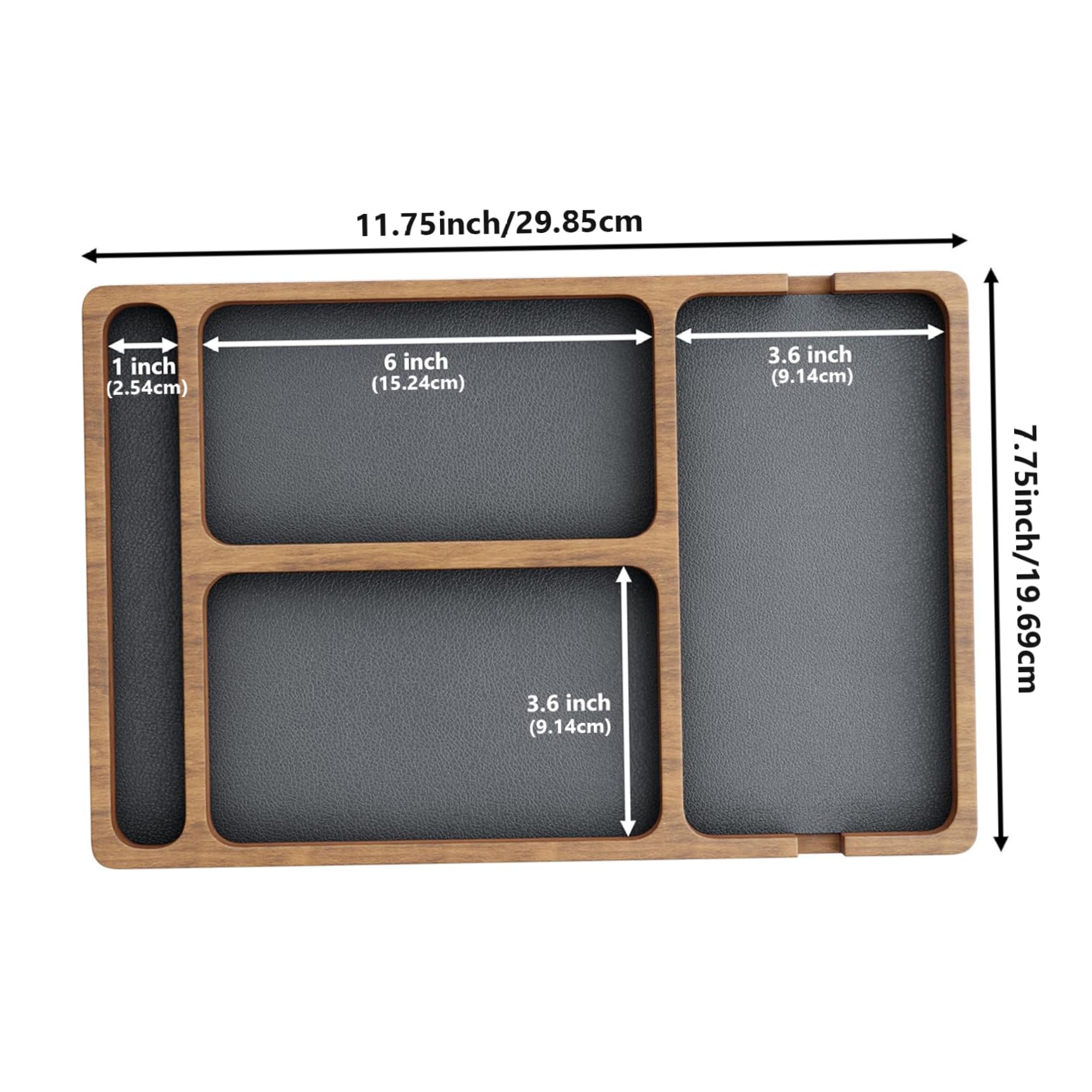 Organiseur de table de nuit, plateau voiturier en bois avec incrustation en cuir, organisateur table nuit 12 x 8 compartiments pour hommes et femmes, plateau fourre-tout pour clés, téléphone
