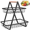 2-Tier Fruit Basket,Fruit Bowl,Detachable Fruit Holder,Bread Basket Vegetable Rack,Detachable Black Metal Fruit basket bowl Holder with Handle for Fruit, Vegetables, Snacks in Home and Kitchen