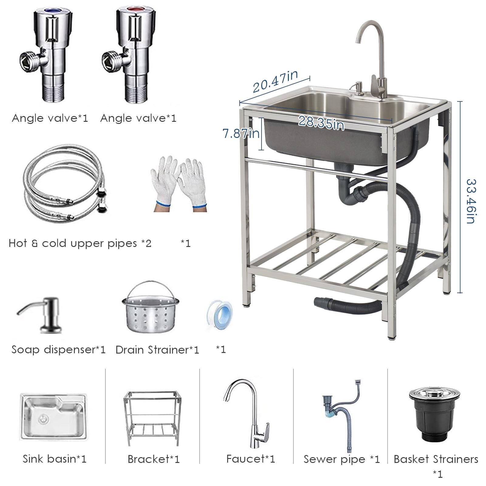 Freistehendes Outdoor-Spülbecken aus Edelstahl 304 mit Einzelbecken, Kalt- und Warmwasseranschluss sowie Wasserhahn für Gewerbeküche, Bad, Restaurant, Landhaus, Wäscherei und Cater