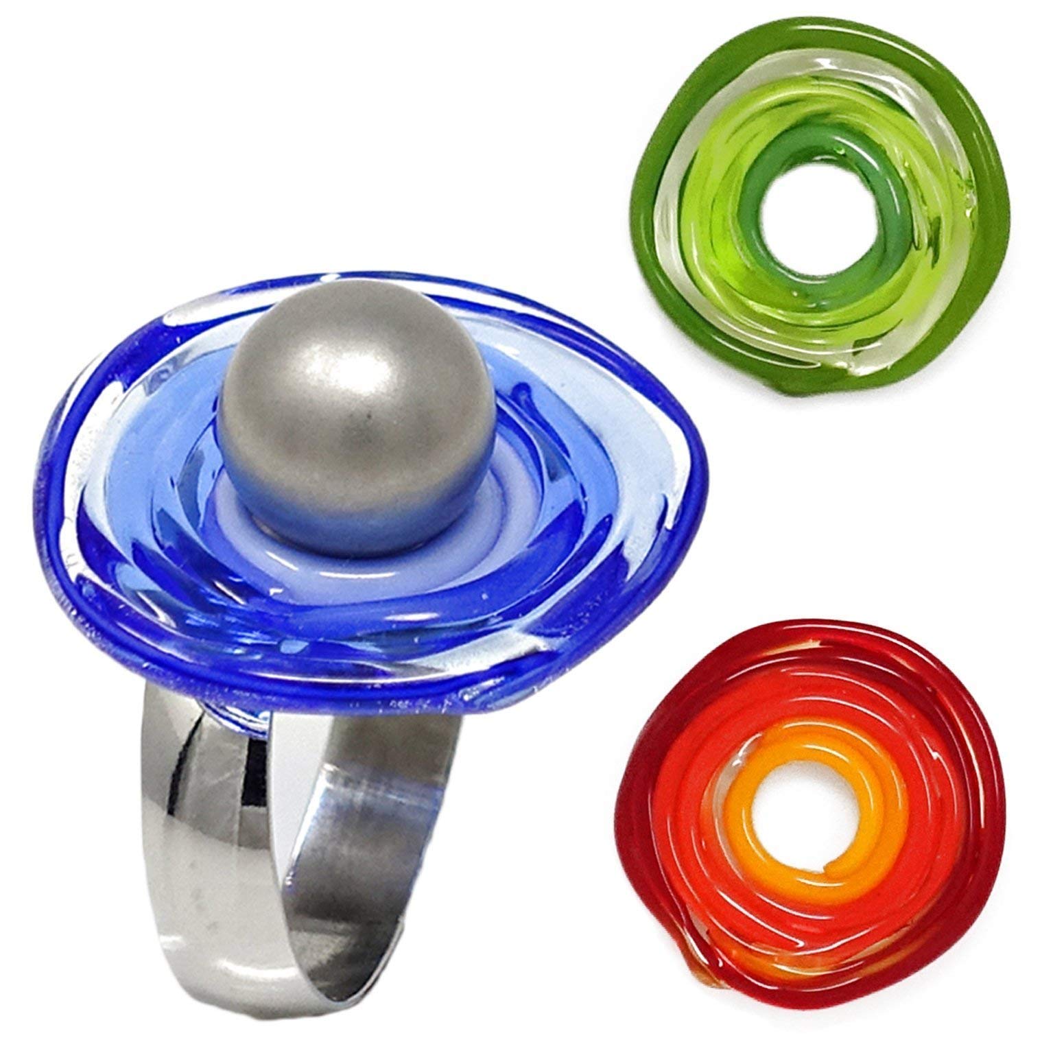 Edelstahl-Ring Set mit 3 Scheiben aus Murano-Glas/Wechsel-Ring/PASST IMMER/verstellbar/Personalisiertes Geschenk für sie zum Muttertag Hochzeit Jahrestag Geburtstag