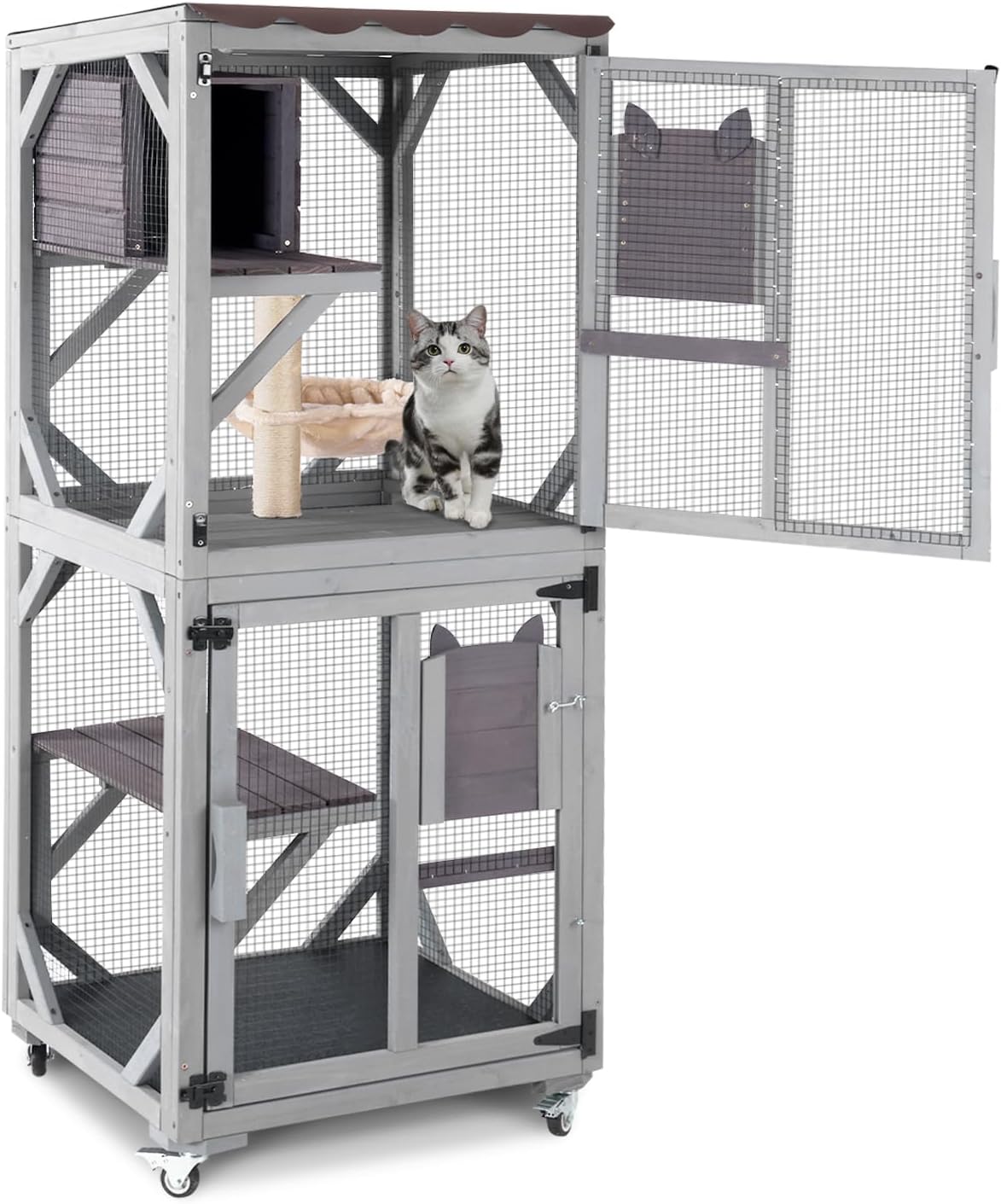 GUTINNEEN Outdoor Catio Large Cat Enclosure with Wheels, Resting Box, Sisal Post and Basket Indoor Cat House for Window,Patio,Garden 71.8" H